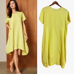 Bryn Walker Marina Yellow Linen Tunic Dress W/Pockets High Low Hem Size S/M